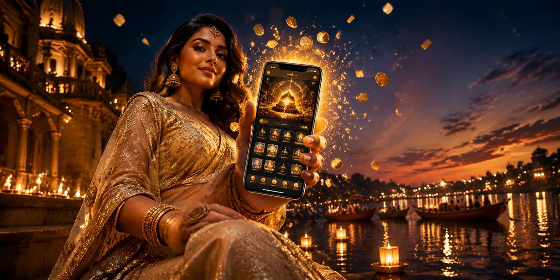 User playing slots on mobile device at Goa beach with calm ocean background