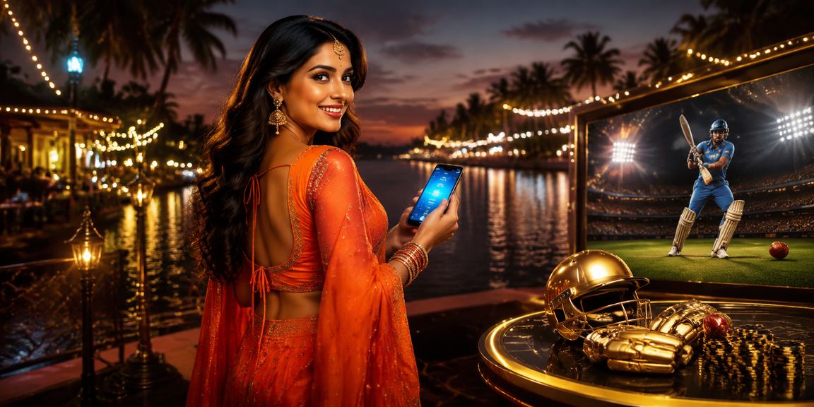 Mobile cricket betting on beach in Goa with sunset and ocean background