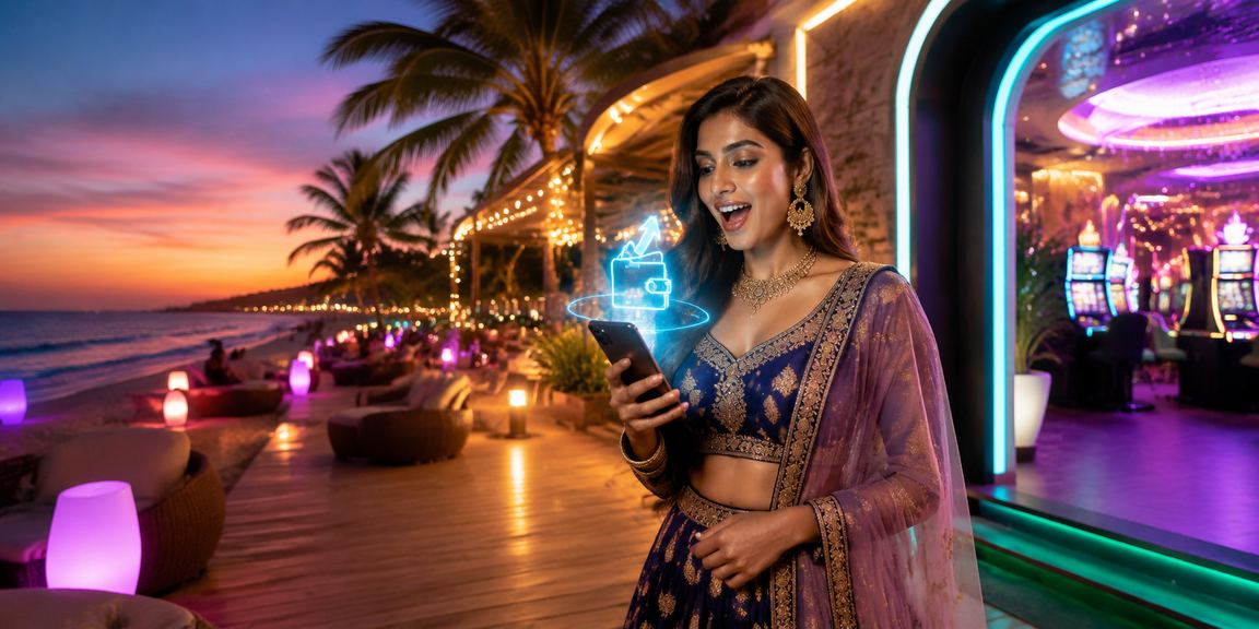 Mobile payment scene at tropical beach Goa India